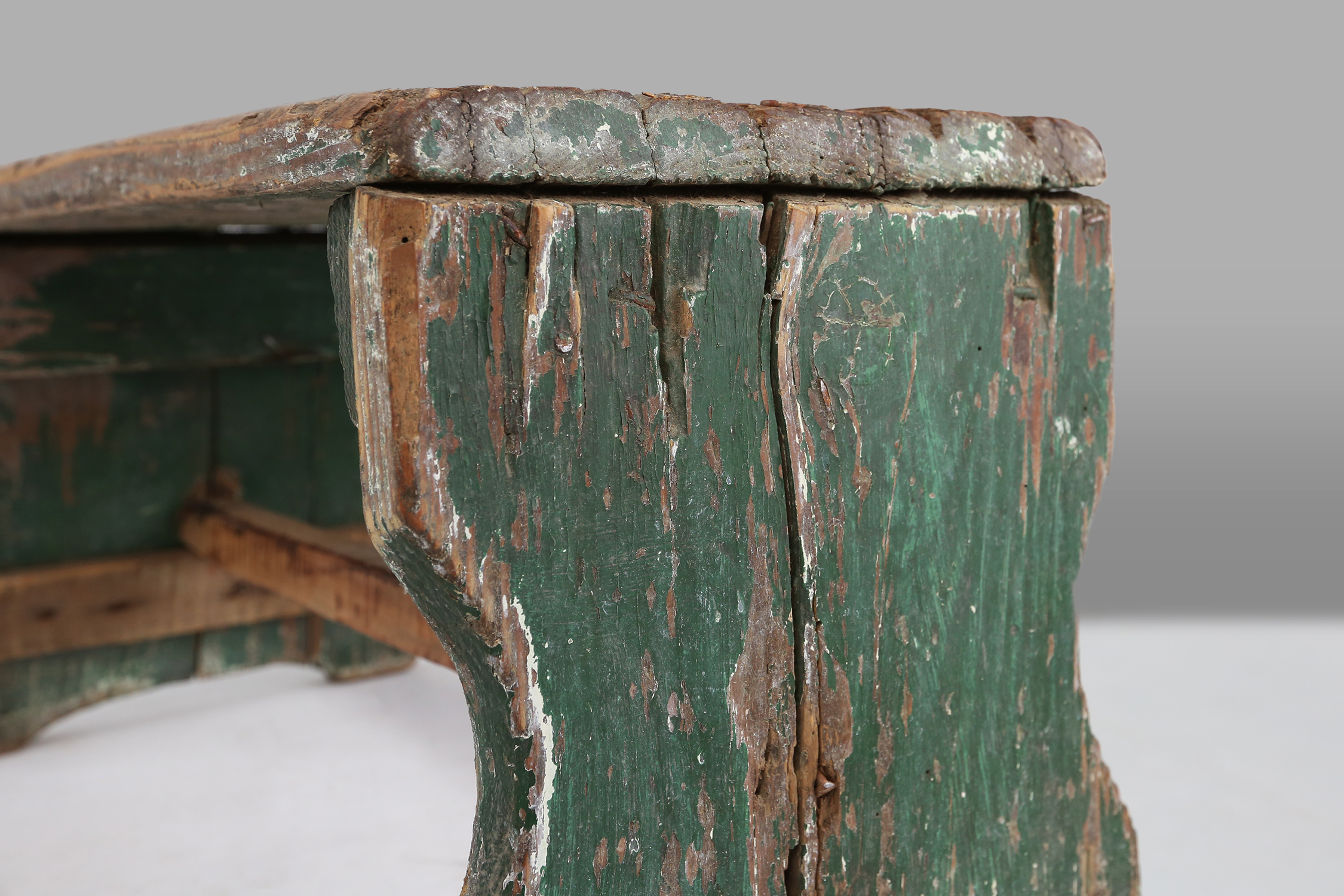 Industrial green wooden stool with nice patina, France 1900thumbnail